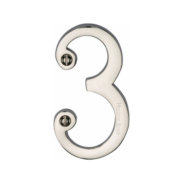 This is an image of a Heritage Brass - Numeral 3 Face Fix 76mm (3") Polished Nickel Finish, c1560-3-pnf that is available to order from Trade Door Handles in Kendal.