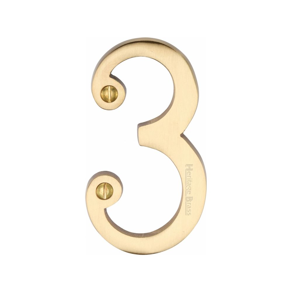 This is an image of a Heritage Brass - Numeral 3 Face Fix 76mm (3") Satin Brass Finish, c1560-3-sb that is available to order from Trade Door Handles in Kendal.