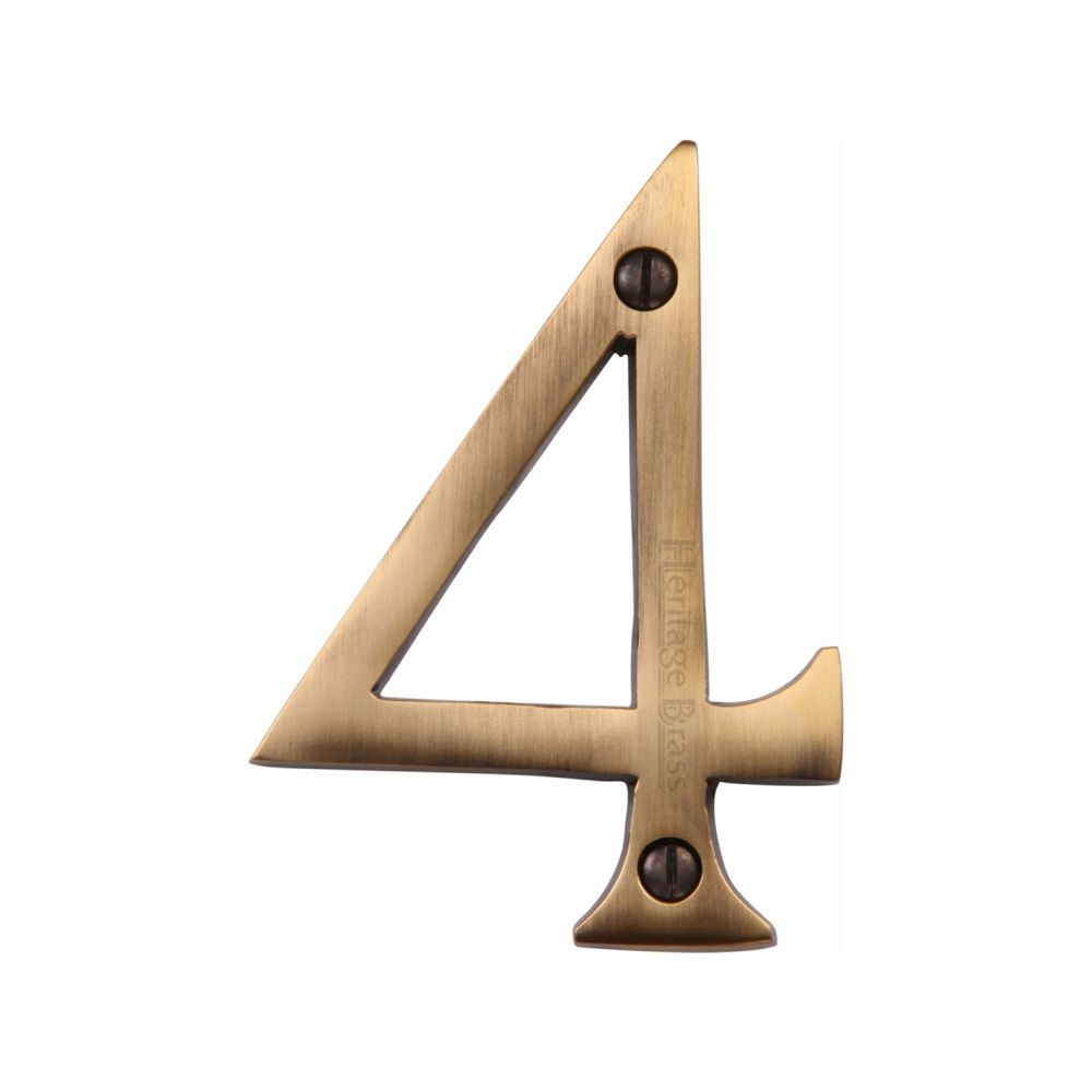 This is an image of a Heritage Brass - Numeral 4 Face Fix 76mm (3") Antique Brass Finish, c1560-4-at that is available to order from Trade Door Handles in Kendal.