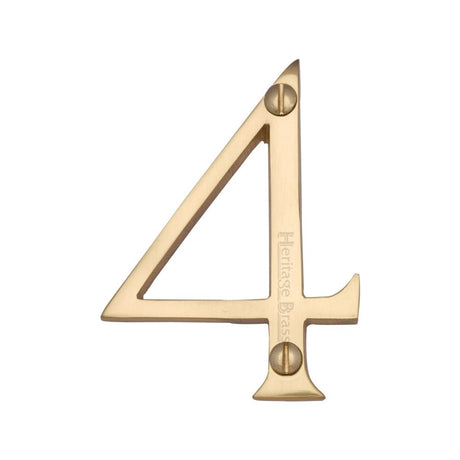 This is an image of a Heritage Brass - Numeral 4 Face Fix 76mm (3") Polished Brass Finish, c1560-4-pb that is available to order from Trade Door Handles in Kendal.