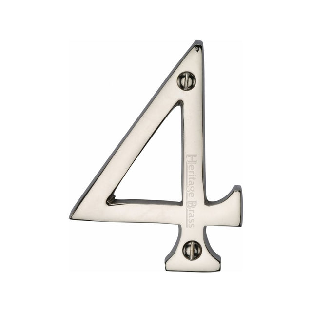 This is an image of a Heritage Brass - Numeral 4 Face Fix 76mm (3") Polished Nickel Finish, c1560-4-pnf that is available to order from Trade Door Handles in Kendal.