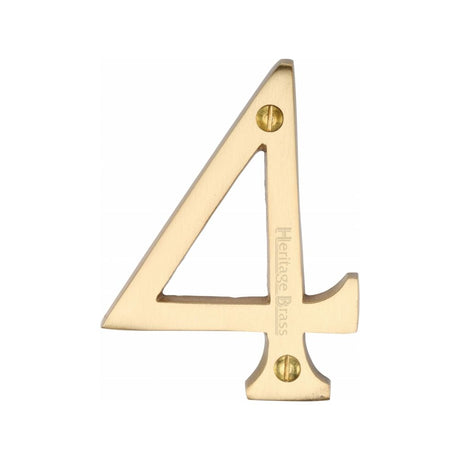 This is an image of a Heritage Brass - Numeral 4 Face Fix 76mm (3") Satin Brass Finish, c1560-4-sb that is available to order from Trade Door Handles in Kendal.