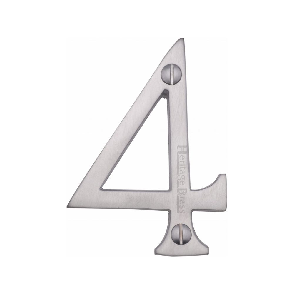 This is an image of a Heritage Brass - Numeral 4 Face Fix 76mm (3") Satin Chrome Finish, c1560-4-sc that is available to order from Trade Door Handles in Kendal.