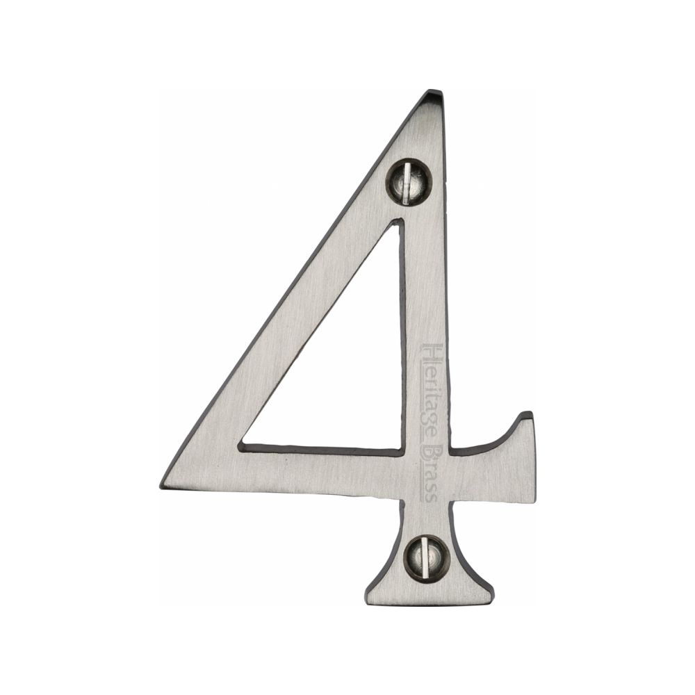 This is an image of a Heritage Brass - Numeral 4 Face Fix 76mm (3") Satin Nickel Finish, c1560-4-sn that is available to order from Trade Door Handles in Kendal.