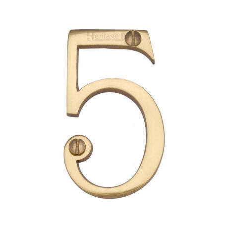 This is an image of a Heritage Brass - Numeral 5 Face Fix 76mm (3") Polished Brass Finish, c1560-5-pb that is available to order from Trade Door Handles in Kendal.