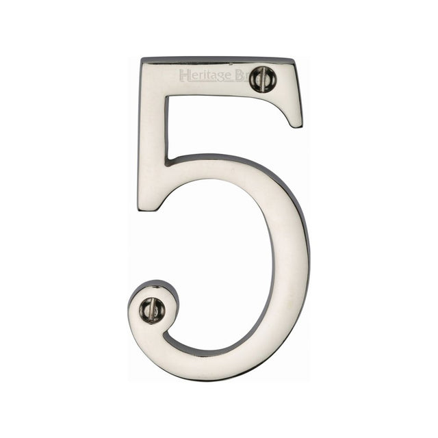 This is an image of a Heritage Brass - Numeral 5 Face Fix 76mm (3") Polished Nickel Finish, c1560-5-pnf that is available to order from Trade Door Handles in Kendal.