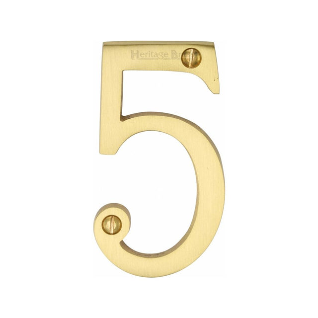 This is an image of a Heritage Brass - Numeral 5 Face Fix 76mm (3") Satin Brass Finish, c1560-5-sb that is available to order from Trade Door Handles in Kendal.