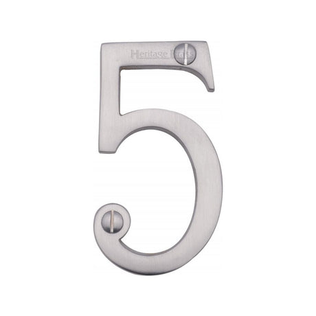 This is an image of a Heritage Brass - Numeral 5 Face Fix 76mm (3") Satin Chrome Finish, c1560-5-sc that is available to order from Trade Door Handles in Kendal.