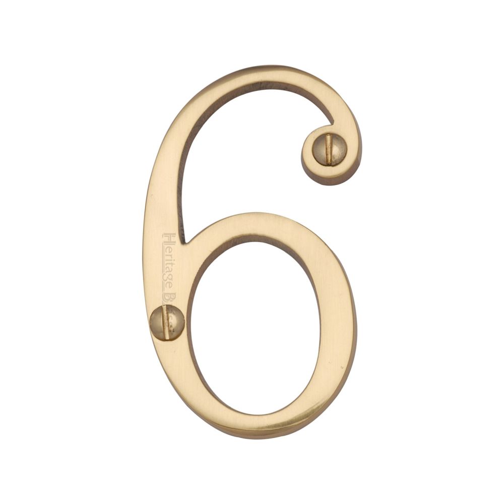 This is an image of a Heritage Brass - Numeral 6 Face Fix 76mm (3") Polished Brass Finish, c1560-6-pb that is available to order from Trade Door Handles in Kendal.