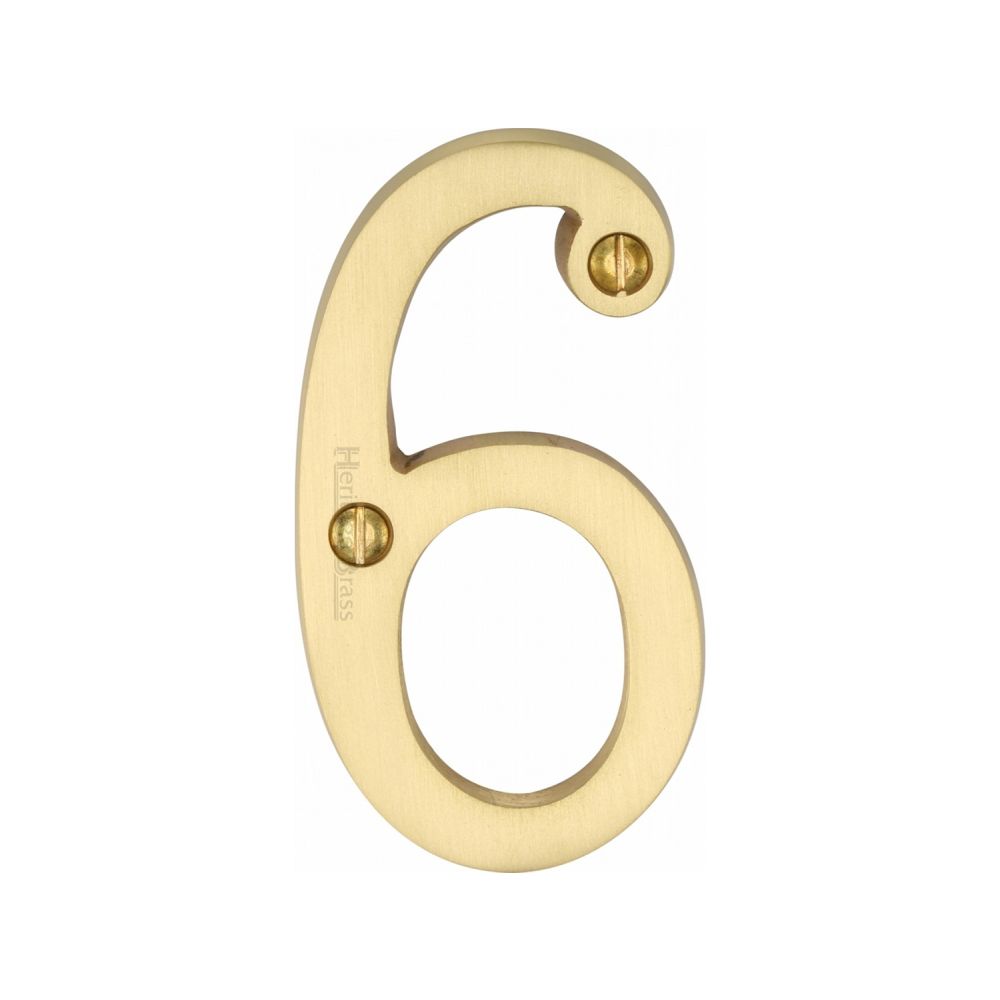 This is an image of a Heritage Brass - Numeral 6 Face Fix 76mm (3") Satin Brass Finish, c1560-6-sb that is available to order from Trade Door Handles in Kendal.