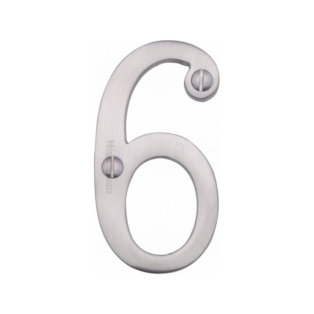 This is an image of a Heritage Brass - Numeral 6 Face Fix 76mm (3") Satin Chrome Finish, c1560-6-sc that is available to order from Trade Door Handles in Kendal.