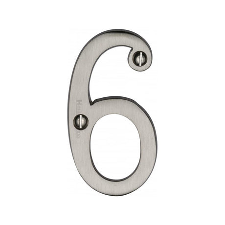 This is an image of a Heritage Brass - Numeral 6 Face Fix 76mm (3") Satin Nickel Finish, c1560-6-sn that is available to order from Trade Door Handles in Kendal.