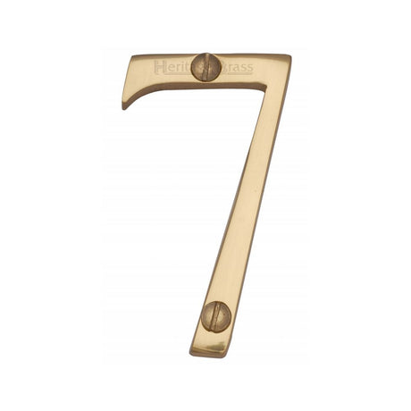 This is an image of a Heritage Brass - Numeral 7 Face Fix 76mm (3") Polished Brass Finish, c1560-7-pb that is available to order from Trade Door Handles in Kendal.