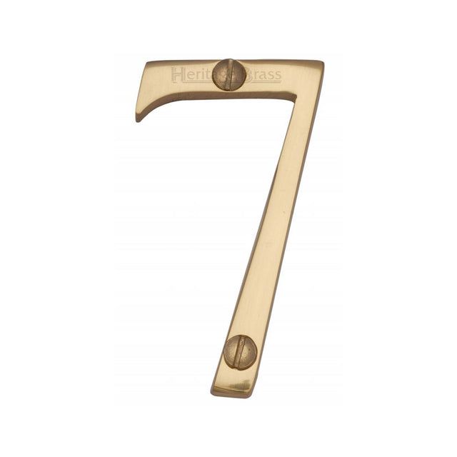 This is an image of a Heritage Brass - Numeral 7 Face Fix 76mm (3") Polished Brass Finish, c1560-7-pb that is available to order from Trade Door Handles in Kendal.