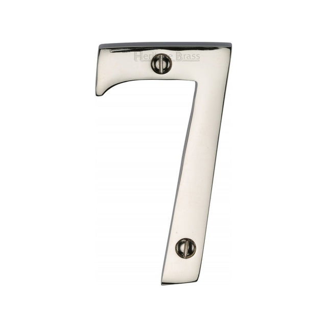 This is an image of a Heritage Brass - Numeral 7 Face Fix 76mm (3") Polished Nickel Finish, c1560-7-pnf that is available to order from Trade Door Handles in Kendal.