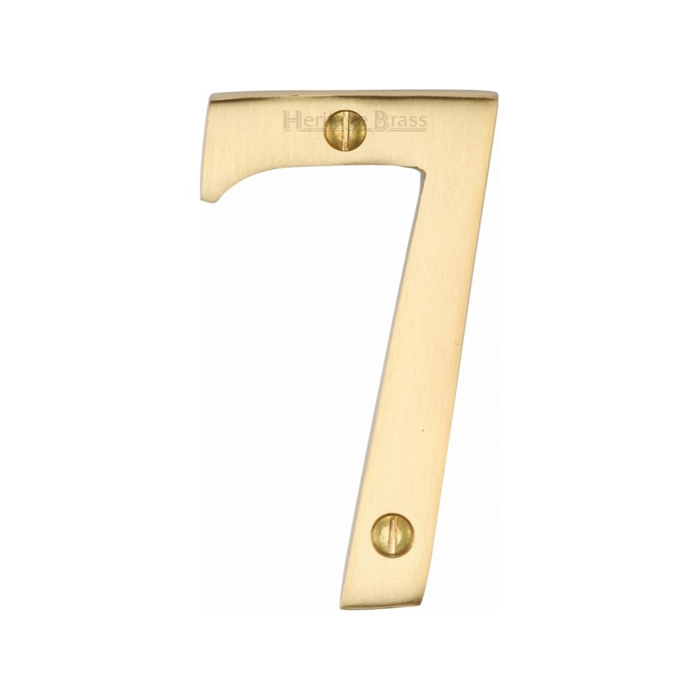 This is an image of a Heritage Brass - Numeral 7 Face Fix 76mm (3") Satin Brass Finish, c1560-7-sb that is available to order from Trade Door Handles in Kendal.