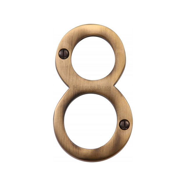 This is an image of a Heritage Brass - Numeral 8 Face Fix 76mm (3") Antique Brass Finish, c1560-8-at that is available to order from Trade Door Handles in Kendal.