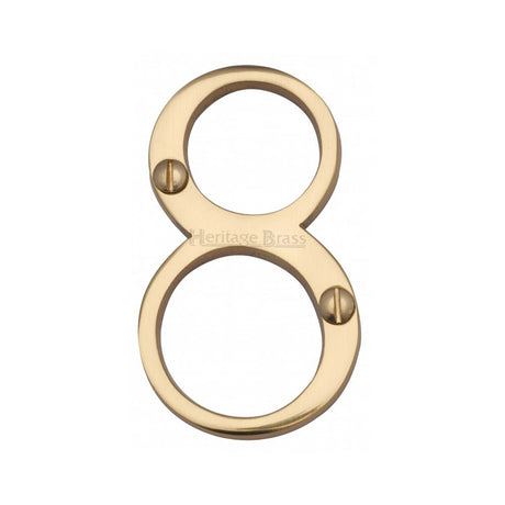 This is an image of a Heritage Brass - Numeral 8 Face Fix 76mm (3") Polished Brass Finish, c1560-8-pb that is available to order from Trade Door Handles in Kendal.