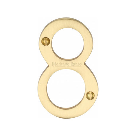 This is an image of a Heritage Brass - Numeral 8 Face Fix 76mm (3") Satin Brass Finish, c1560-8-sb that is available to order from Trade Door Handles in Kendal.