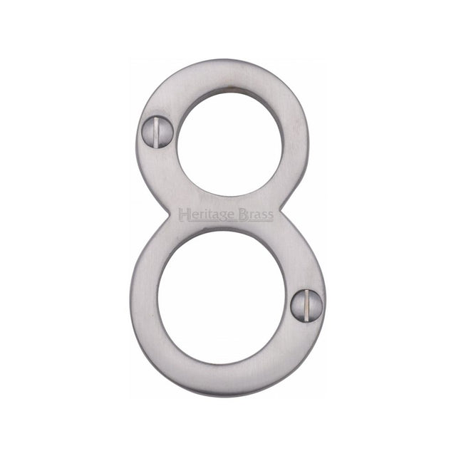 This is an image of a Heritage Brass - Numeral 8 Face Fix 76mm (3") Satin Chrome Finish, c1560-8-sc that is available to order from Trade Door Handles in Kendal.