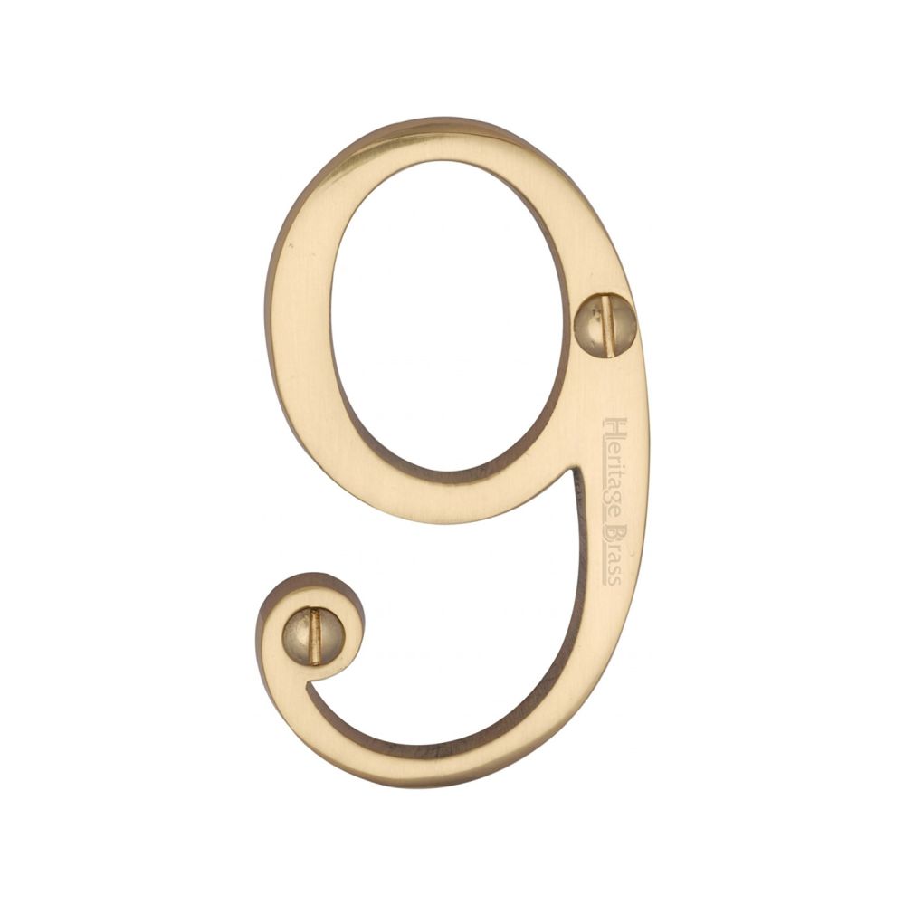 This is an image of a Heritage Brass - Numeral 9 Face Fix 76mm (3") Polished Brass Finish, c1560-9-pb that is available to order from Trade Door Handles in Kendal.