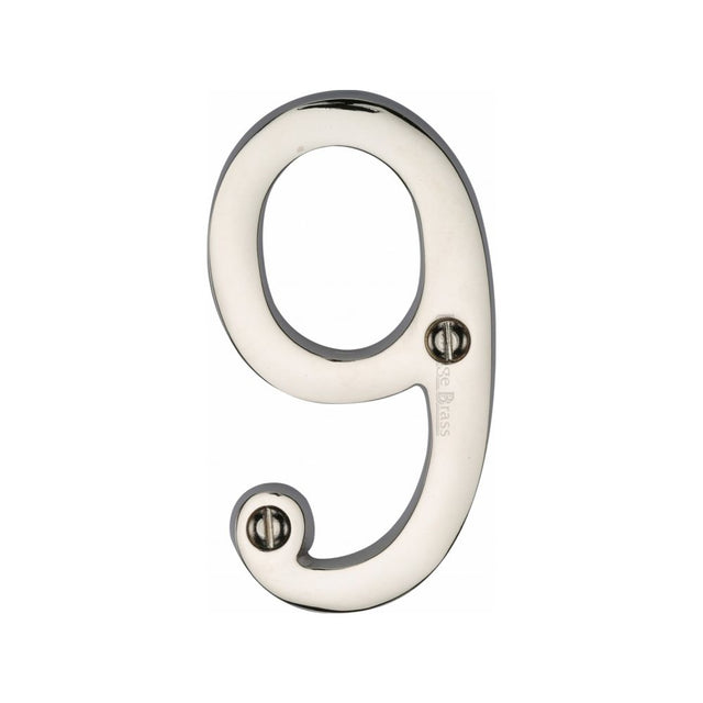 This is an image of a Heritage Brass - Numeral 9 Face Fix 76mm (3") Polished Nickel Finish, c1560-9-pnf that is available to order from Trade Door Handles in Kendal.