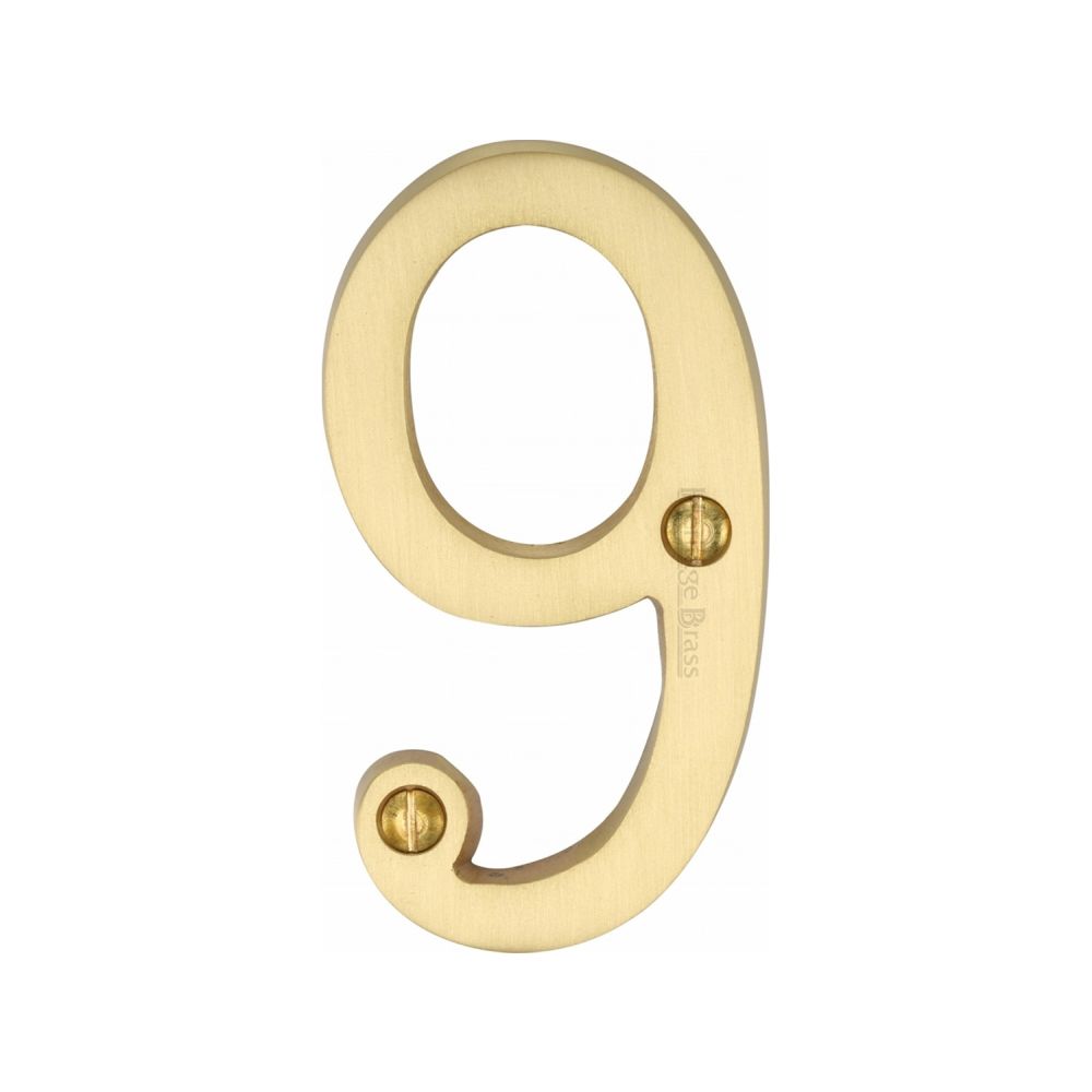 This is an image of a Heritage Brass - Numeral 9 Face Fix 76mm (3") Satin Brass Finish, c1560-9-sb that is available to order from Trade Door Handles in Kendal.