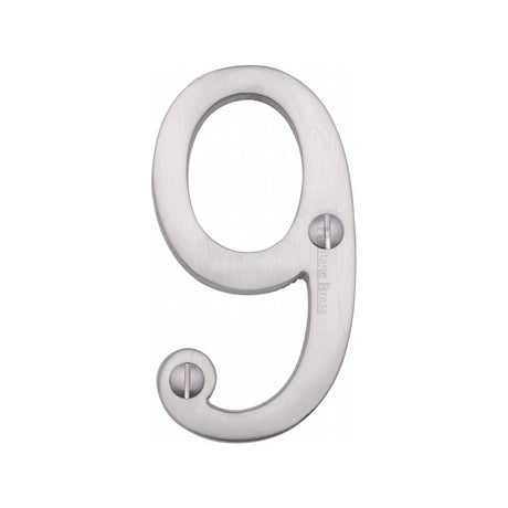 This is an image of a Heritage Brass - Numeral 9 Face Fix 76mm (3") Satin Chrome Finish, c1560-9-sc that is available to order from Trade Door Handles in Kendal.