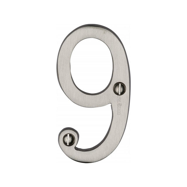 This is an image of a Heritage Brass - Numeral 9 Face Fix 76mm (3") Satin Nickel Finish, c1560-9-sn that is available to order from Trade Door Handles in Kendal.