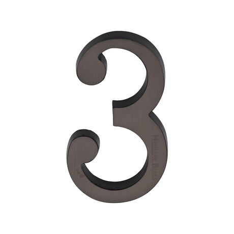 This is an image of a Heritage Brass - Numeral 3 Concealed Fix 76mm (3") Matt Bronze finish, c1564-3-mb that is available to order from Trade Door Handles in Kendal.