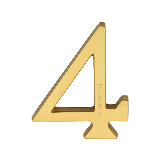 This is an image of a Heritage Brass - Numeral 4 Concealed Fix 76mm (3") Satin Brass finish, c1564-4-sb that is available to order from Trade Door Handles in Kendal.