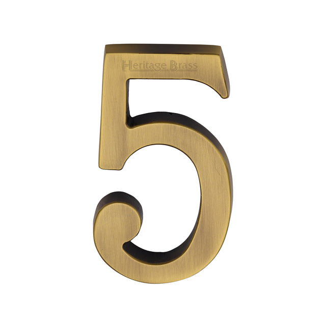 This is an image of a Heritage Brass - Numeral 5 Concealed Fix 76mm (3") Antique Brass finish, c1564-5-at that is available to order from Trade Door Handles in Kendal.