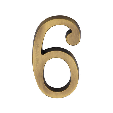 This is an image of a Heritage Brass - Numeral 6 Concealed Fix 76mm (3") Antique Brass finish, c1564-6-at that is available to order from Trade Door Handles in Kendal.