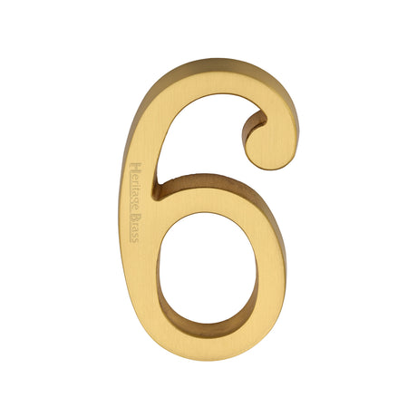 This is an image of a Heritage Brass - Numeral 6 Concealed Fix 76mm (3") Satin Brass finish, c1564-6-sb that is available to order from Trade Door Handles in Kendal.