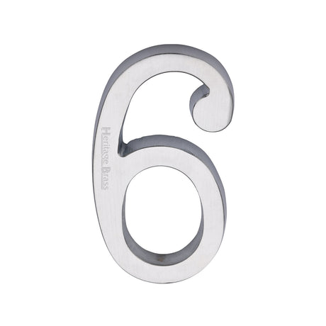 This is an image of a Heritage Brass - Numeral 6 Concealed Fix 76mm (3") Satin Chrome finish, c1564-6-sc that is available to order from Trade Door Handles in Kendal.
