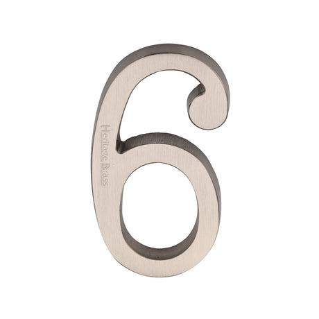 This is an image of a Heritage Brass - Numeral 6 Concealed Fix 76mm (3") Satin Nickel finish, c1564-6-sn that is available to order from Trade Door Handles in Kendal.