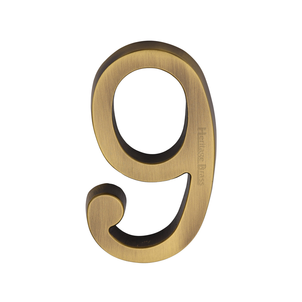 This is an image of a Heritage Brass - Numeral 9 Concealed Fix 76mm (3) Antique Brass finish, c1564-9-at that is available to order from Trade Door Handles in Kendal.