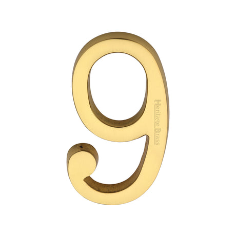 This is an image of a Heritage Brass - Numeral 9 Concealed Fix 76mm (3) Polished Brass finish, c1564-9-pb that is available to order from Trade Door Handles in Kendal.