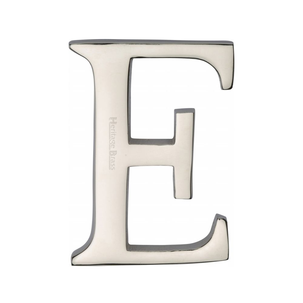 This is an image of a Heritage Brass - Alphabet E Pin Fix 51mm (2") Polished Nickel Finish, c1565-2-e-pnf that is available to order from Trade Door Handles in Kendal.