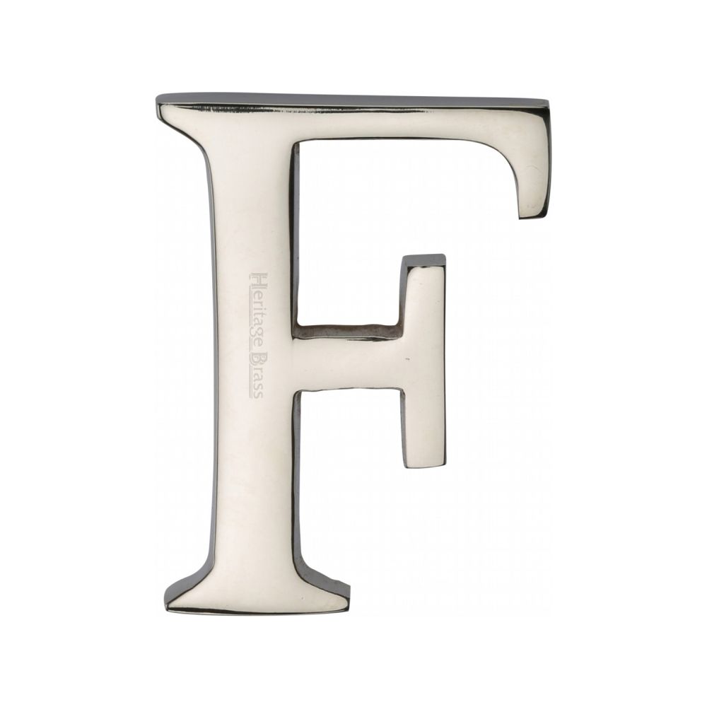 This is an image of a Heritage Brass - Alphabet F Pin Fix 51mm (2") Polished Nickel Finish, c1565-2-f-pnf that is available to order from Trade Door Handles in Kendal.