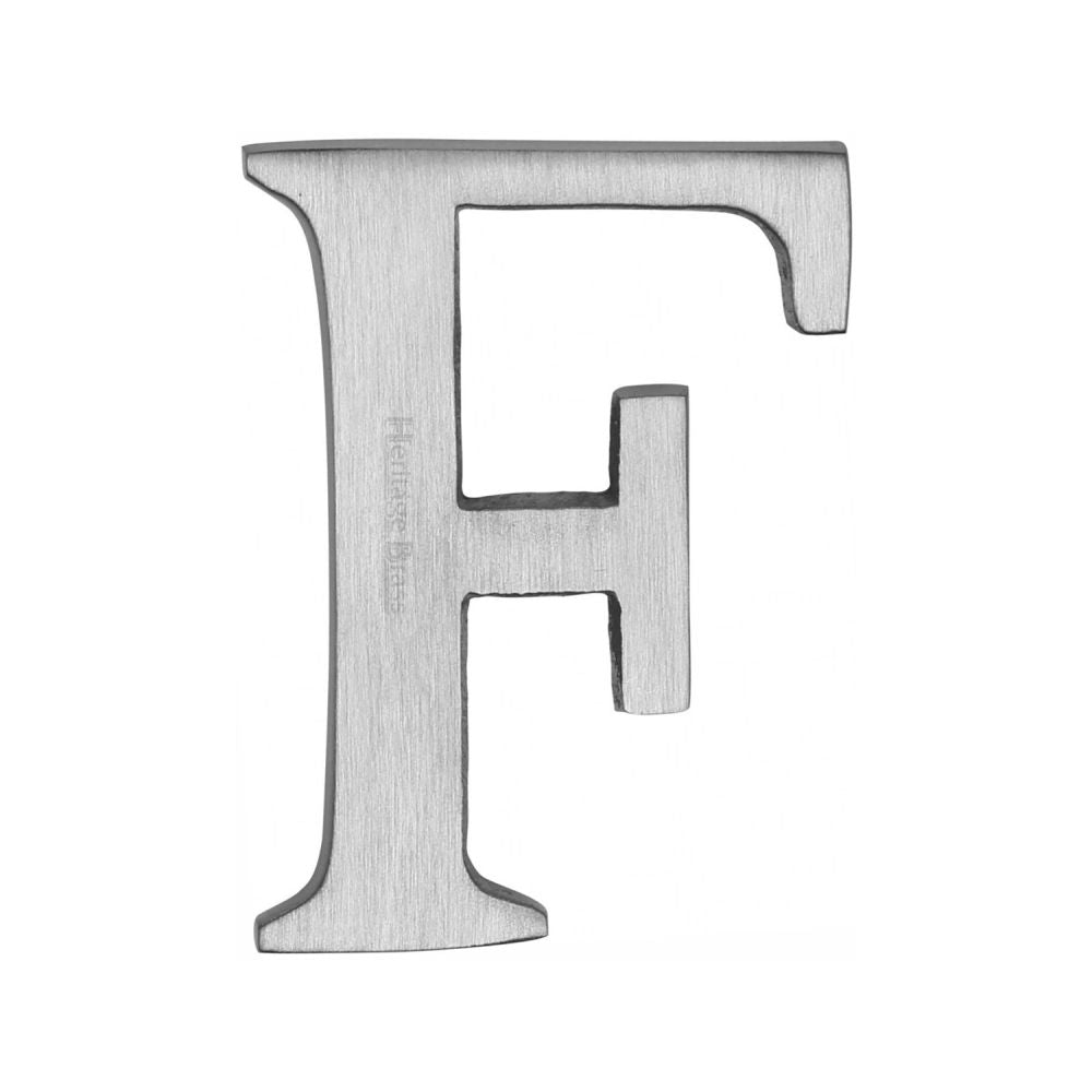 This is an image of a Heritage Brass - Alphabet F Pin Fix 51mm (2") Satin Chrome Finish, c1565-2-f-sc that is available to order from Trade Door Handles in Kendal.