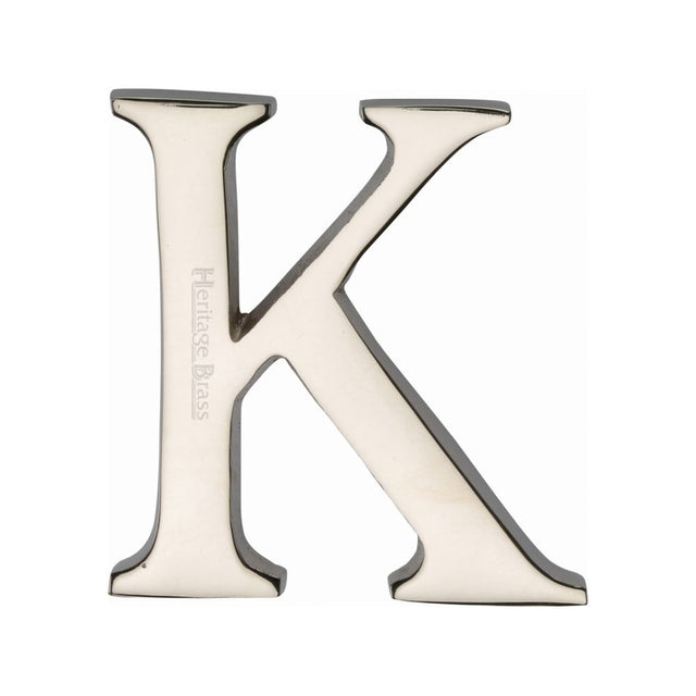 This is an image of a Heritage Brass - Alphabet K Pin Fix 51mm (2") Polished Nickel Finish, c1565-2-k-pnf that is available to order from Trade Door Handles in Kendal.