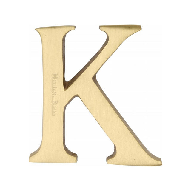 This is an image of a Heritage Brass - Alphabet K Pin Fix 51mm (2") Satin Brass Finish, c1565-2-k-sb that is available to order from Trade Door Handles in Kendal.