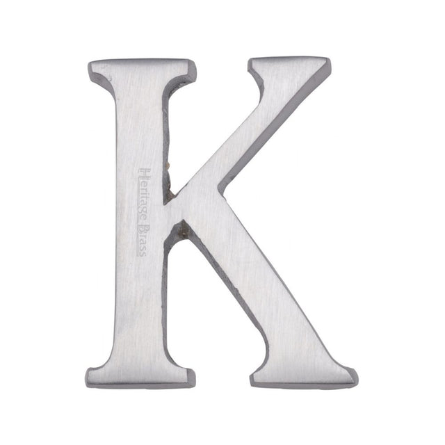 This is an image of a Heritage Brass - Alphabet K Pin Fix 51mm (2") Satin Chrome Finish, c1565-2-k-sc that is available to order from Trade Door Handles in Kendal.