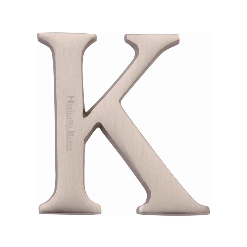 This is an image of a Heritage Brass - Alphabet K Pin Fix 51mm (2") Satin Nickel Finish, c1565-2-k-sn that is available to order from Trade Door Handles in Kendal.