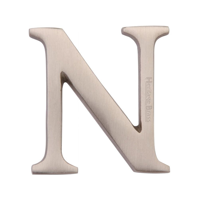 This is an image of a Heritage Brass - Alphabet N Pin Fix 51mm (2") Satin Nickel Finish, c1565-2-n-sn that is available to order from Trade Door Handles in Kendal.