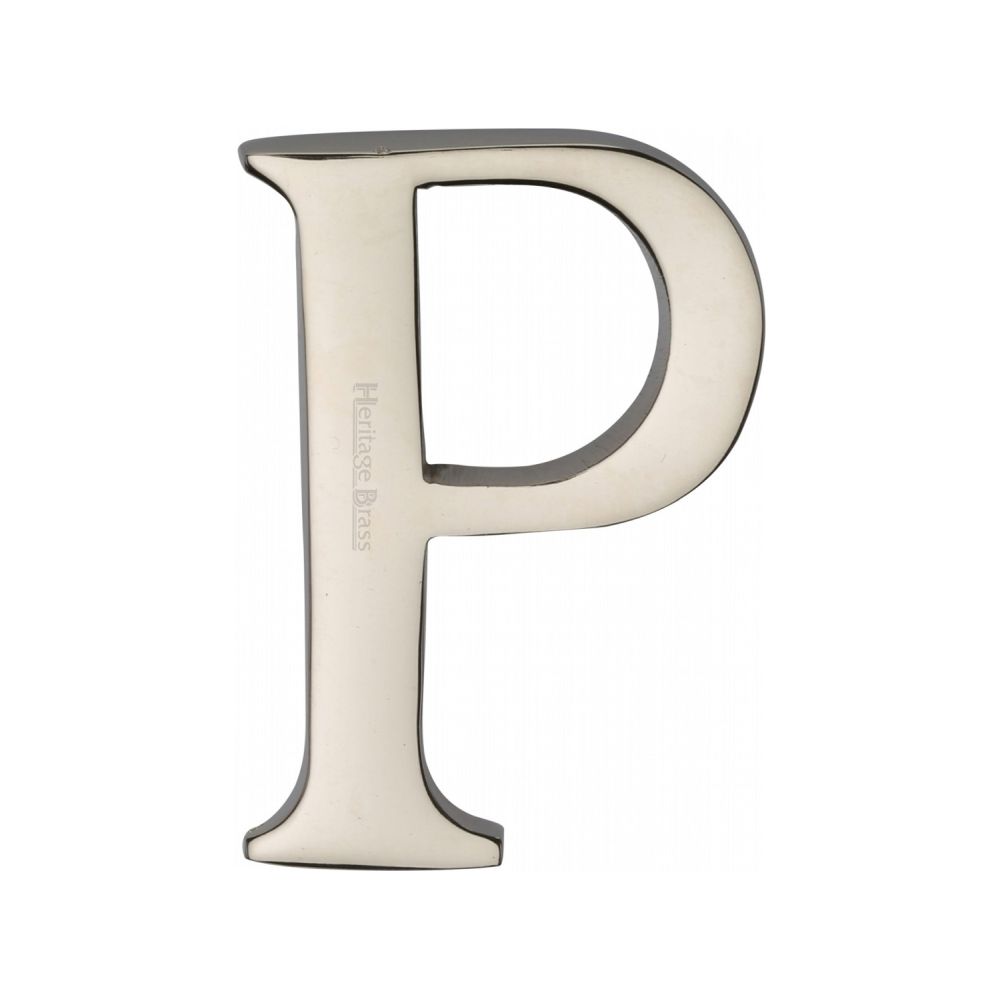 This is an image of a Heritage Brass - Alphabet P Pin Fix 51mm (2") Polished Nickel Finish, c1565-2-p-pnf that is available to order from Trade Door Handles in Kendal.