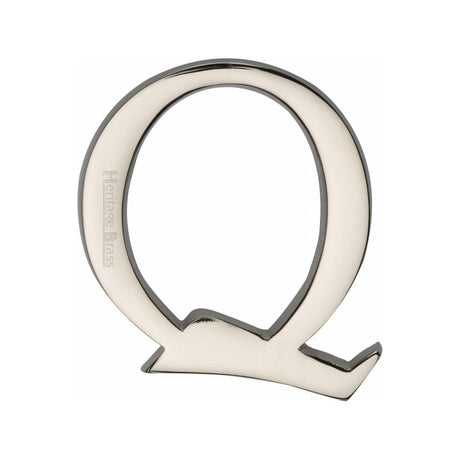 This is an image of a Heritage Brass - Alphabet Q Pin Fix 51mm (2") Polished Nickel Finish, c1565-2-q-pnf that is available to order from Trade Door Handles in Kendal.