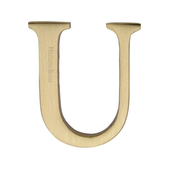 This is an image of a Heritage Brass - Alphabet U Pin Fix 51mm (2") Satin Brass Finish, c1565-2-u-sb that is available to order from Trade Door Handles in Kendal.