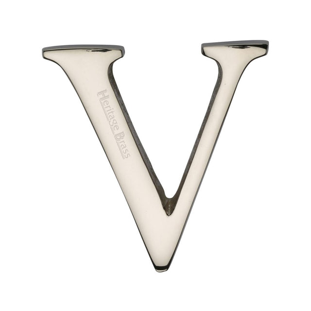 This is an image of a Heritage Brass - Alphabet V Pin Fix 51mm (2") Polished Nickel Finish, c1565-2-v-pnf that is available to order from Trade Door Handles in Kendal.